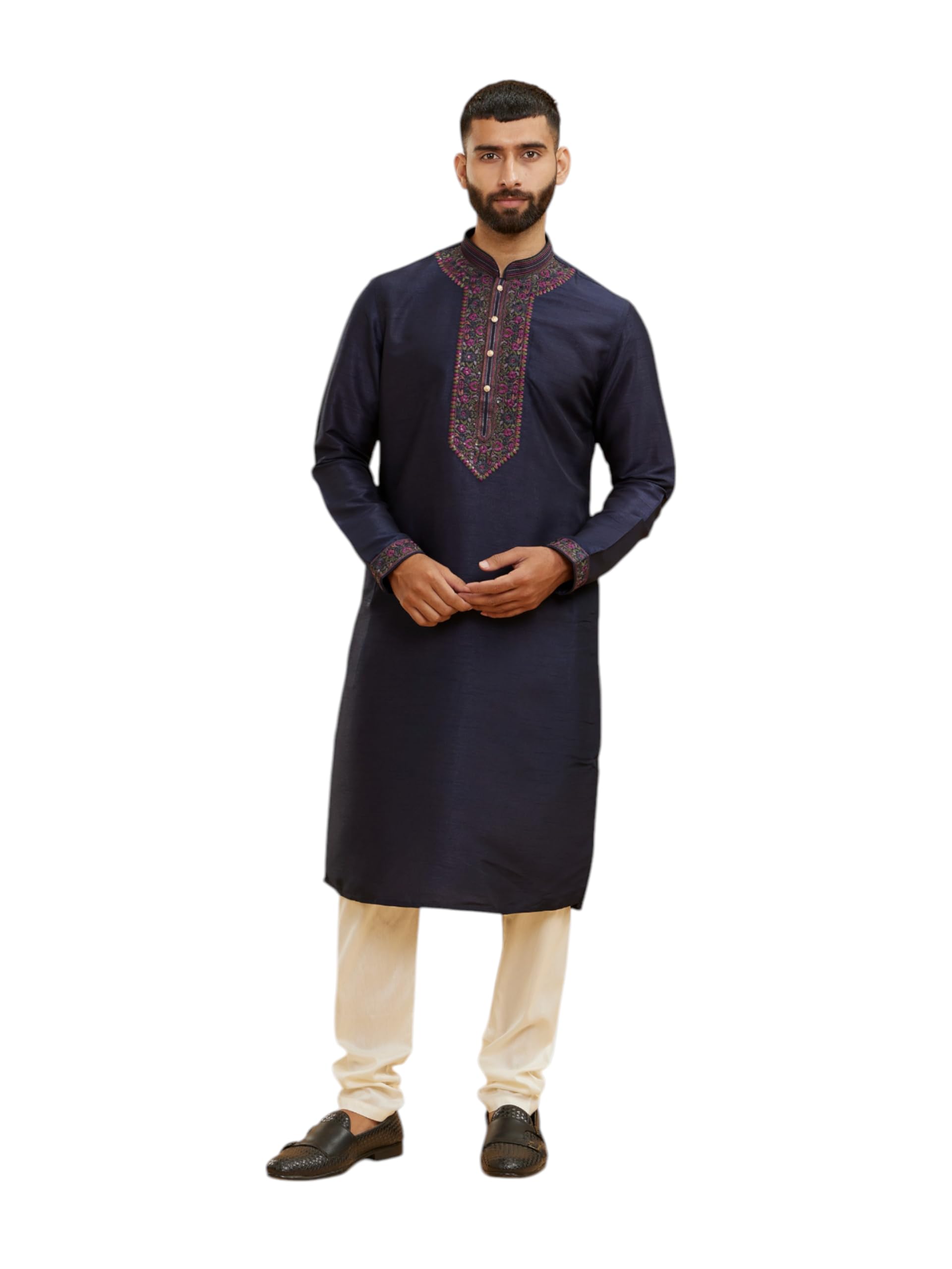 Manyavar Mens Art Silk Thread Embroidery Kurta Churidar Set (Blue,XXL)