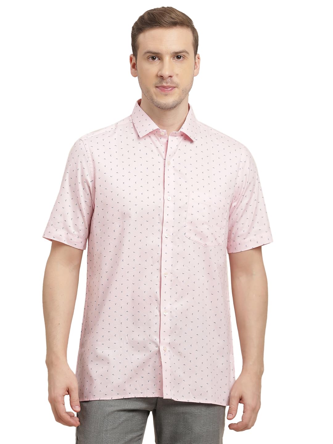 Turtle Men 100% Cotton Regular Fit Light Pink Printed Half Sleeve Formal Shirt