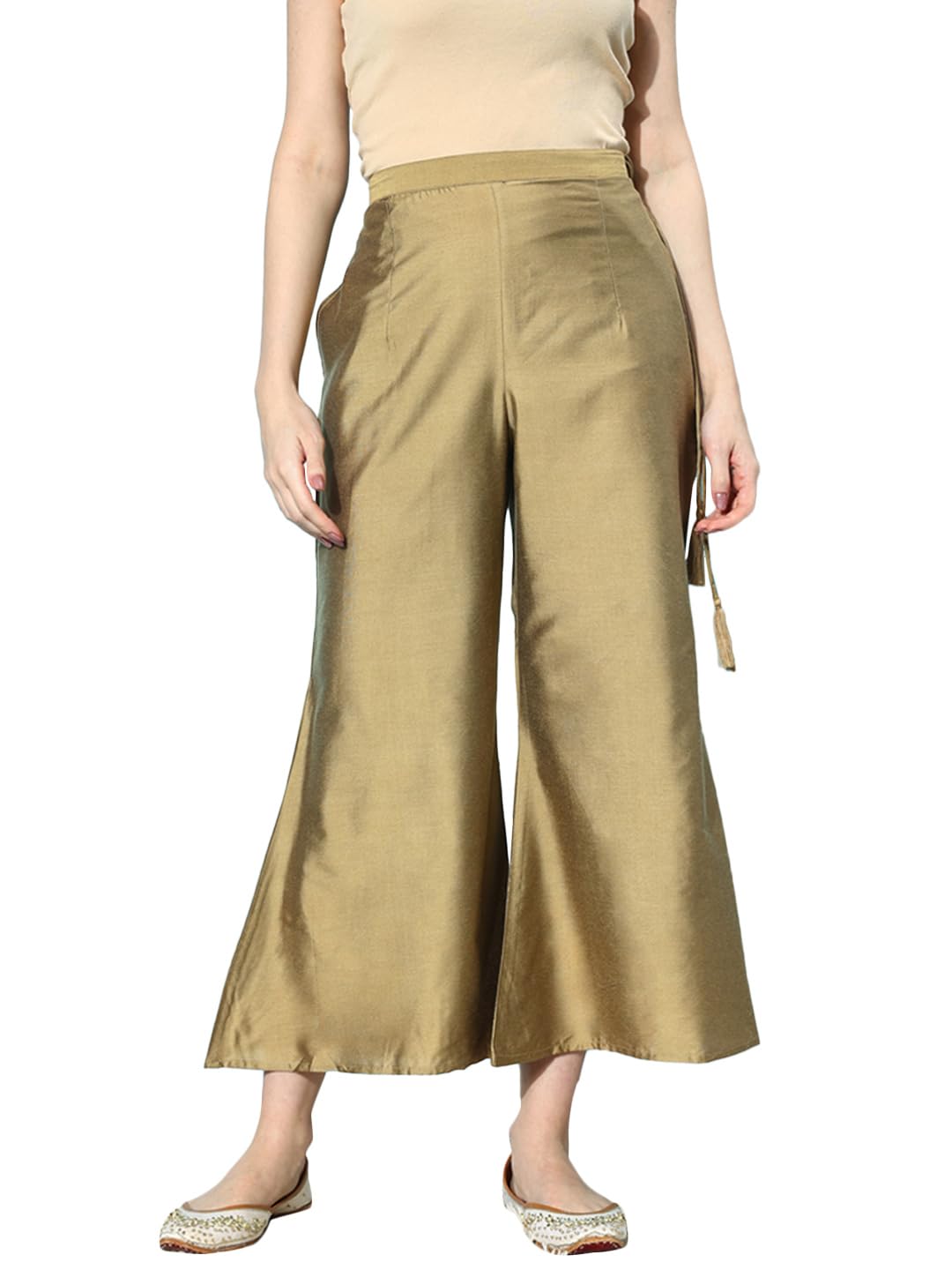 Libas Womens Solid Silk Palazzos For Women Gold
