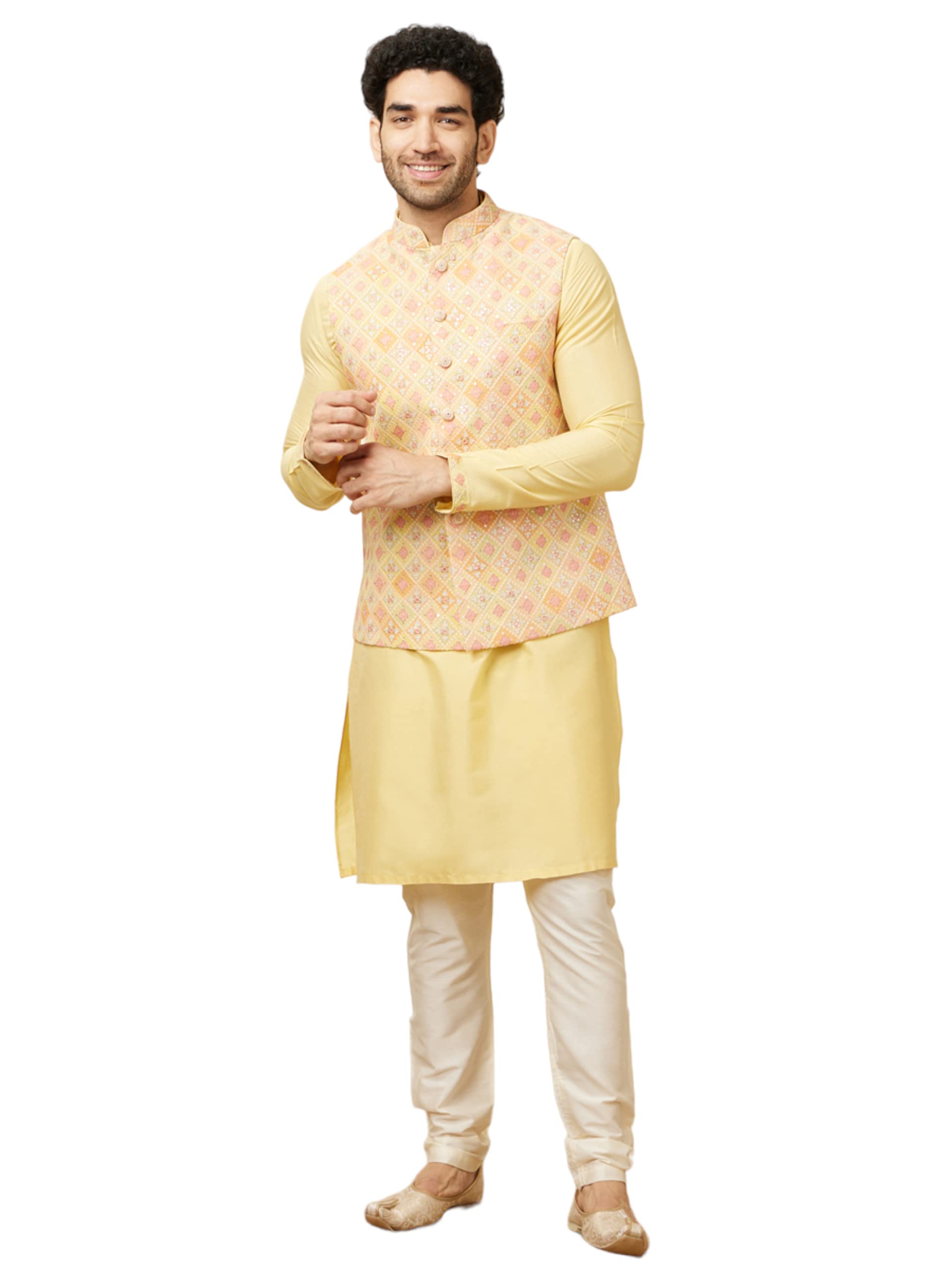 Manyavar Mens Georgette Self Design Casual, Traditional Full Sleeves Jacket Payjama Set (Yellow, XL)