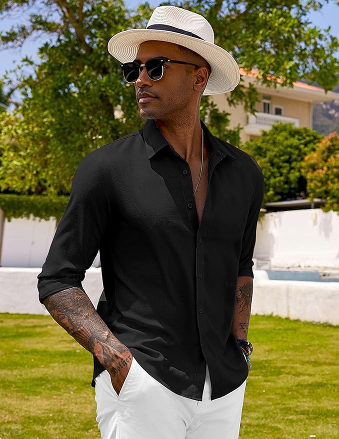 CB-COLEBROOK Mens Long Sleeve Button Down Shirts Casual Cotton Linen Shirts Summer Beach Shirt for Mens Top (in, Alpha, 2XL, Re