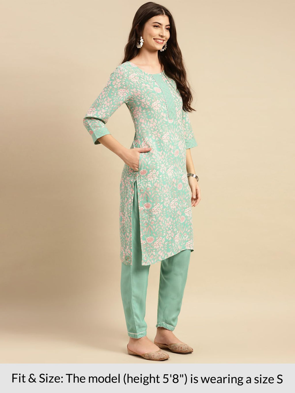 Rangita Women Rayon Mint Green Floral Printed Knee Length Straight Kurta With Pant Set