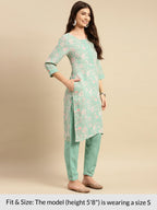 Rangita Women Rayon Mint Green Floral Printed Knee Length Straight Kurta With Pant Set
