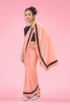 Dhyey Fashion Girls Lycra Blend Ruffle Pattern Saree With Velvet Unstitched Blouse Piece