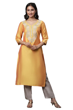 Aurelia Womens Mustard Yellow Solid Solid Viscose Poly Straight Kurta_23AUA14761-704682_XS