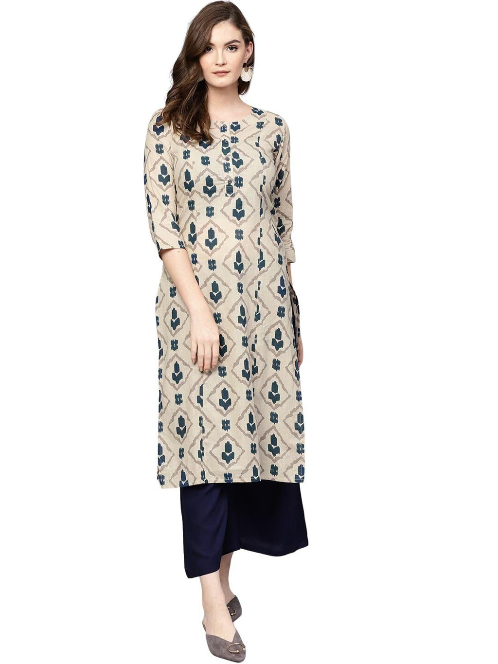 Rytras Women'S Cotton Printed Straight Kurta And Pant Set(Beige,S)