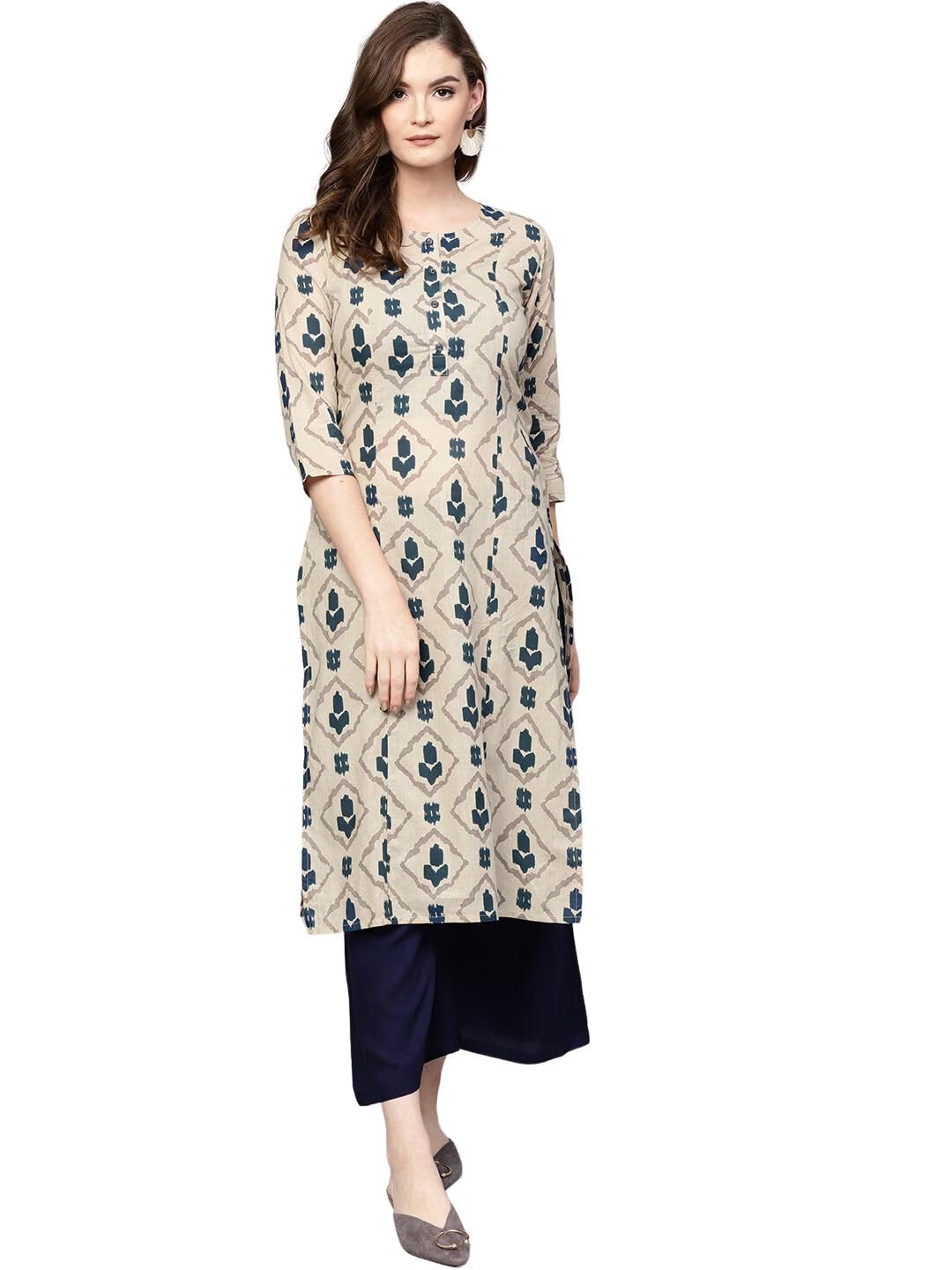 Rytras Women'S Cotton Printed Straight Kurta And Pant Set(Beige,S)