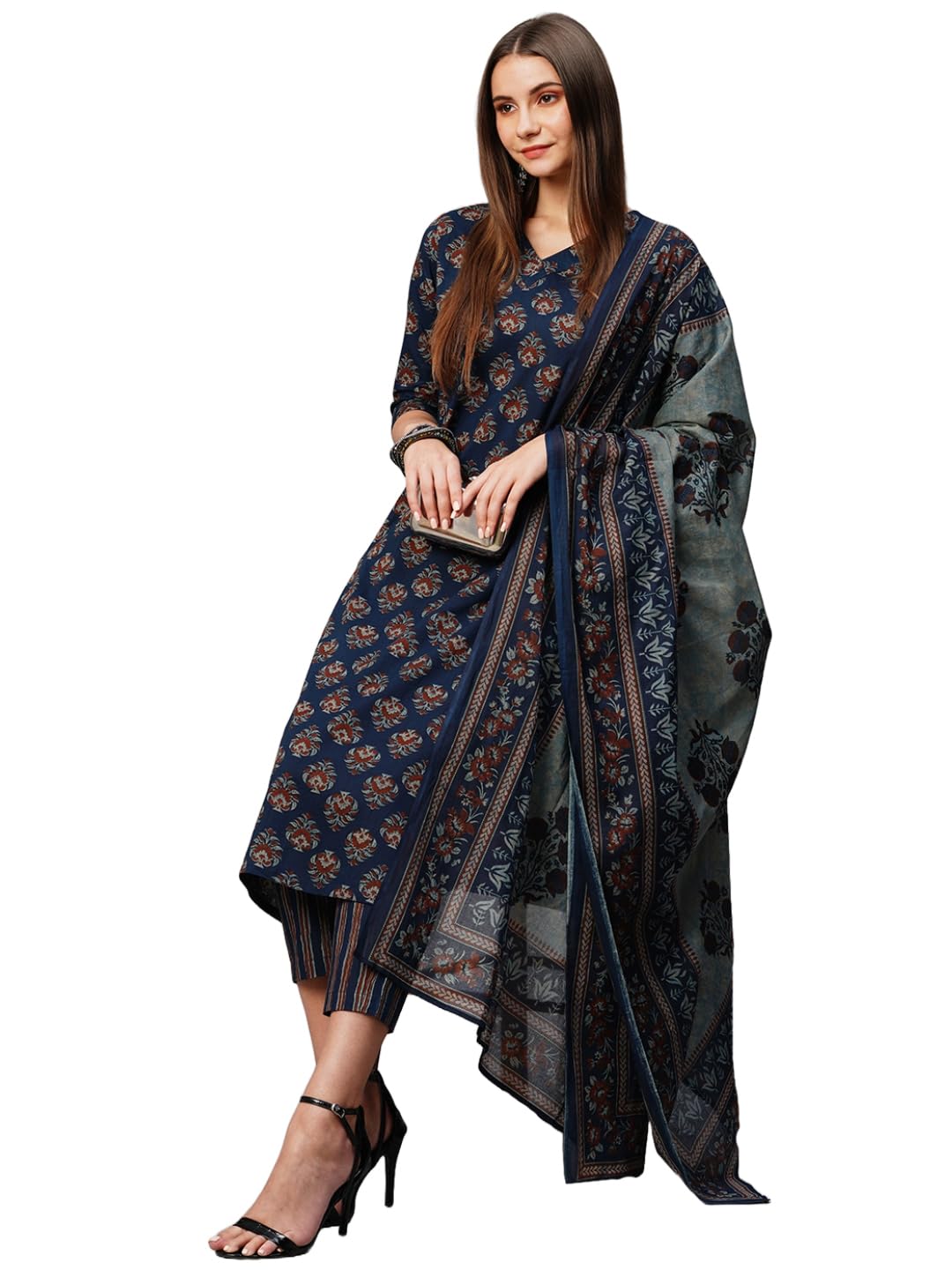 ANNI DESIGNER Womens Cotton Blend Straight Printed Kurta with Pant & Dupatta (Bagwara Blue-KBV_XXL_Blue_XX-Large)