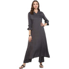 idaLia Rayon Solid A-Line Grey Kurta Set for Women Stylish Boat Neck Design Kurta Set with Palazzo Pant Set for Wedding & Festival