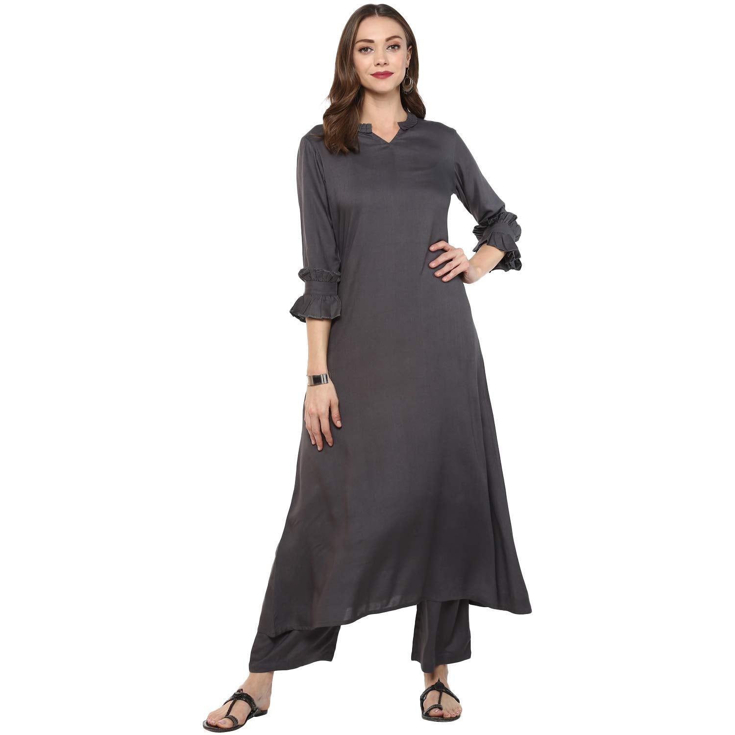 idaLia Rayon Solid A-Line Grey Kurta Set for Women Stylish Boat Neck Design Kurta Set with Palazzo Pant Set for Wedding & Festival