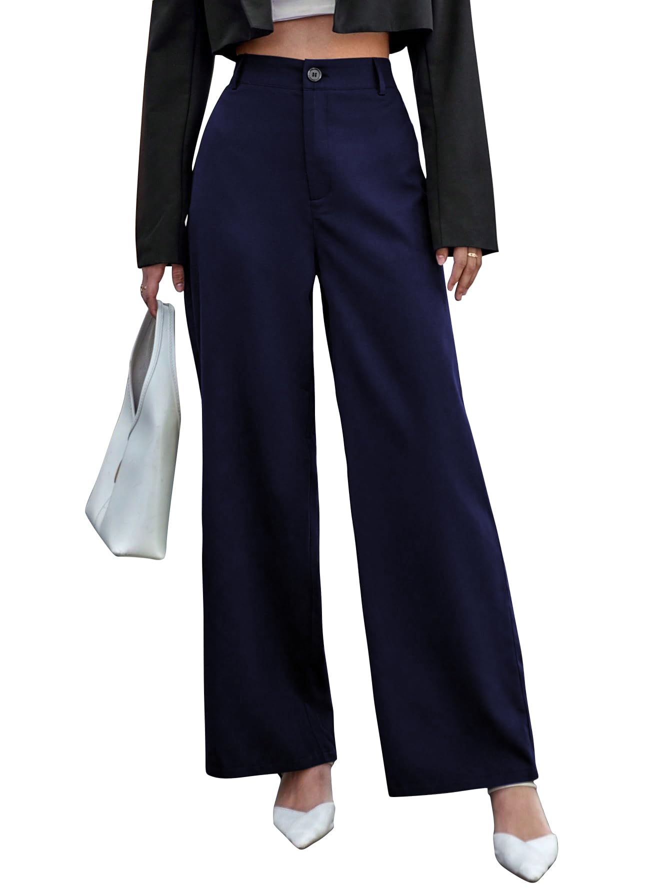 Toochki Straight Pants Trousers for Women with High Waist, Formal Spandex Pant for Women Office Wear Navy Blue