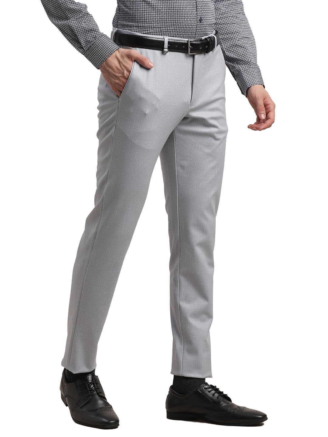 Turtle Men Knitted Solid Slim Fit Grey Melange Formal Trouser