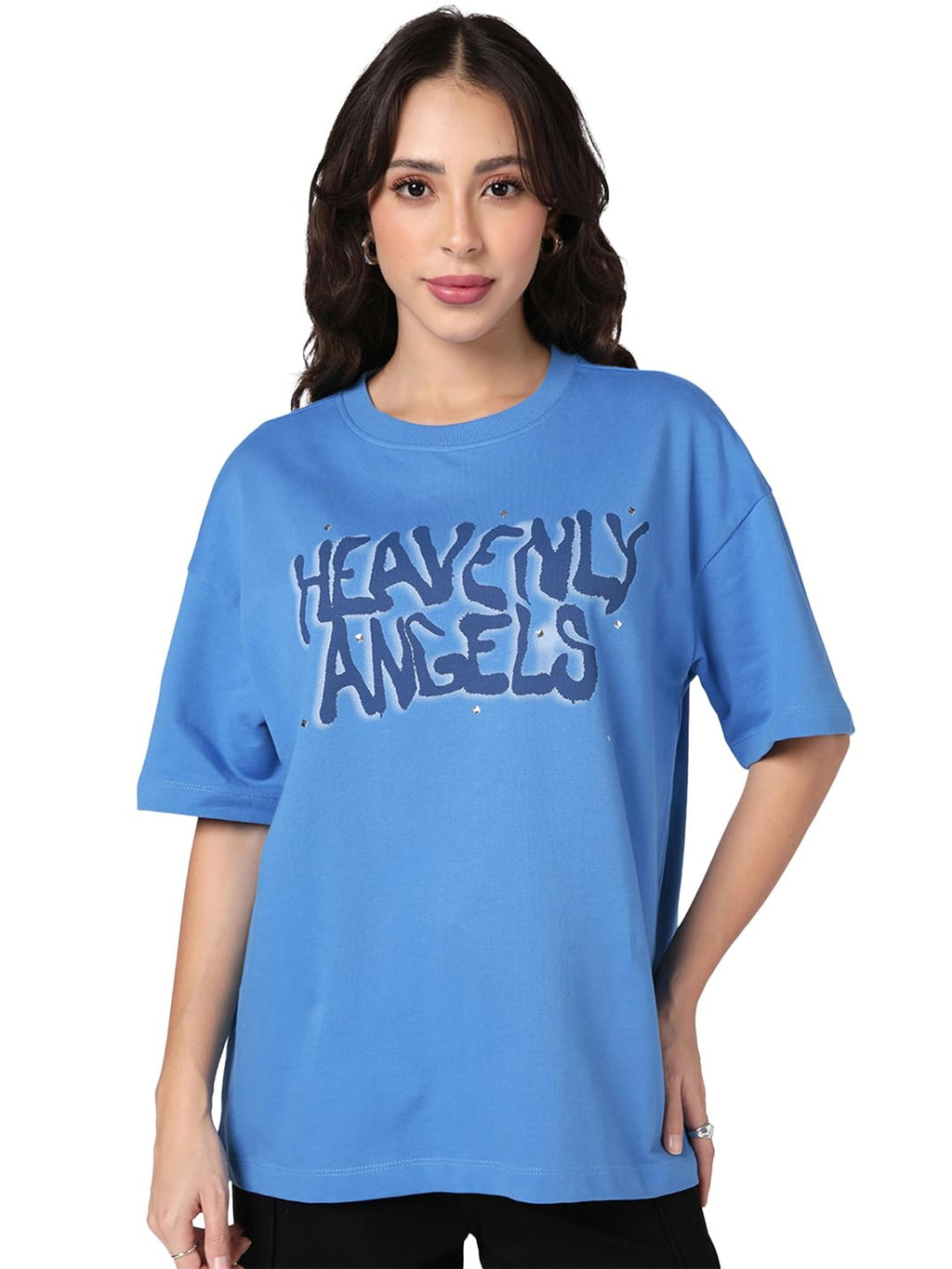 Bewakoof Heavy Duty 1.0 Womens Typography Oversized Fit Half Sleeve Round Neck Cotton Terry T-Shirt_1004231_Blue_S