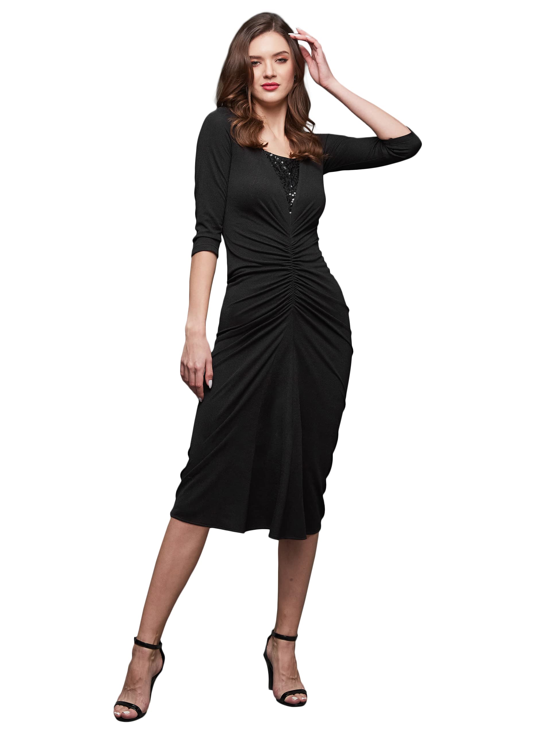 Miss Chase WomenS Black Embellished Sheath Midi Dress (Mcaw21D13-21-62-05, Black, L)