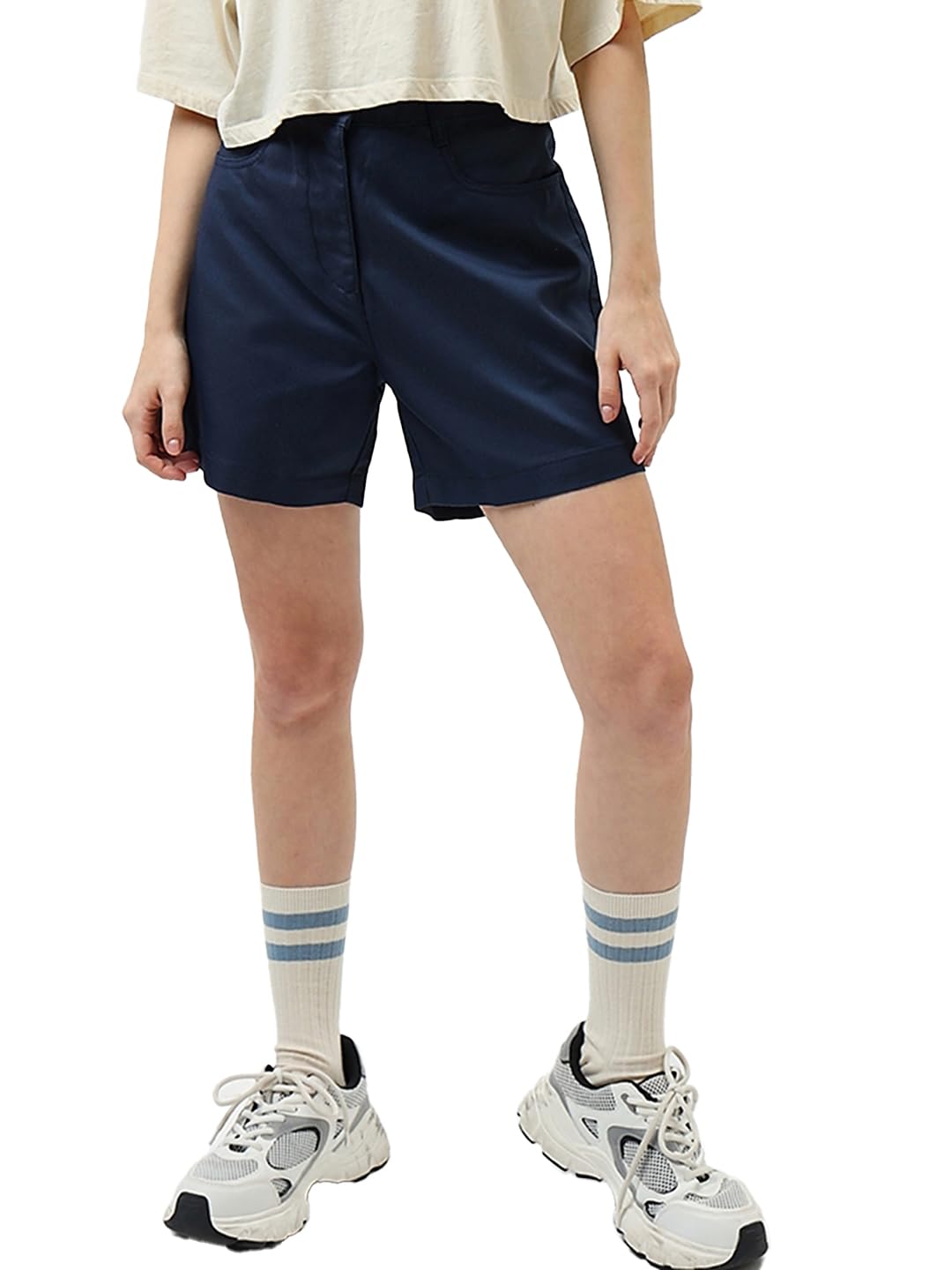 Bewakoof Womens Solid Wide Leg Fit Cotton Shorts_ 582902 Blue 28