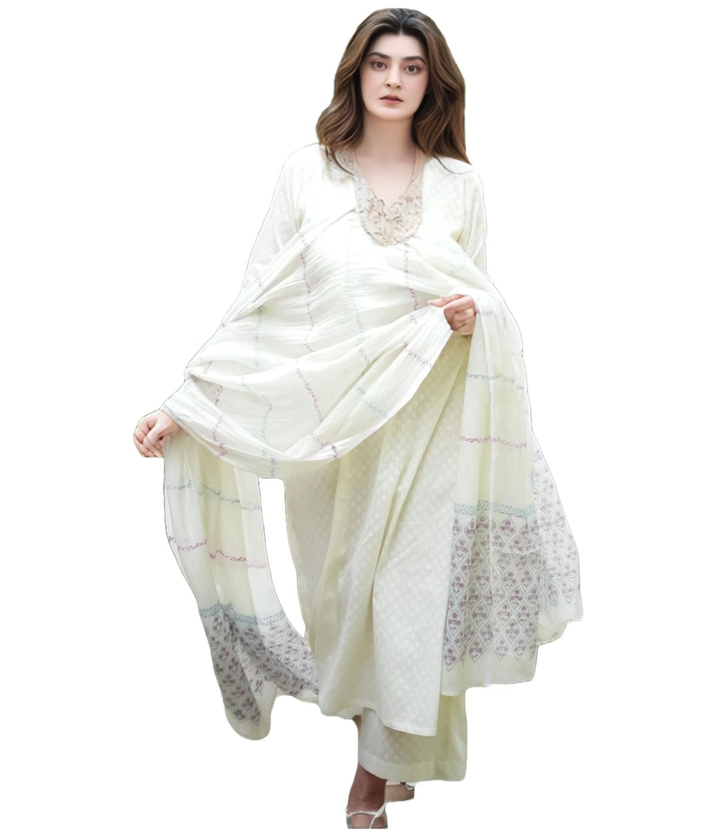 ANNI DESIGNER Womens Rayon Blend Printed Straight Kurta with Pant & Dupatta (Mirai WHITE-VKS02_L_White_Large)