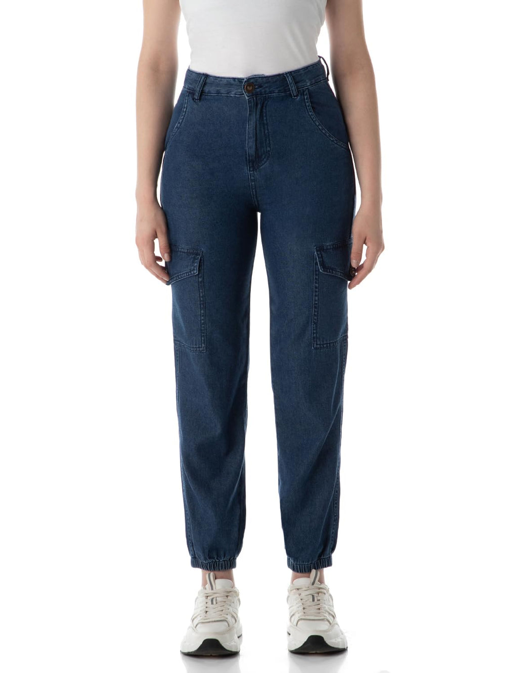 INKD Womens Cargo Pocket Jogger - High-Rise | 100% Cotton (INKSS24WJN-402-Sapphire Sphere-34)