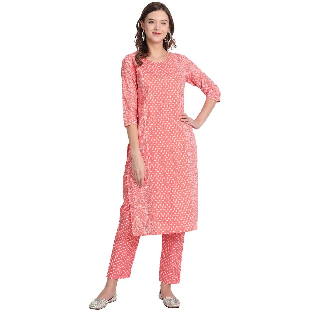 Anubhutee Women'S Cotton Pink Gota Patti Work Ethnic Motifs Printed Straight Kurta Suit Set With Pants