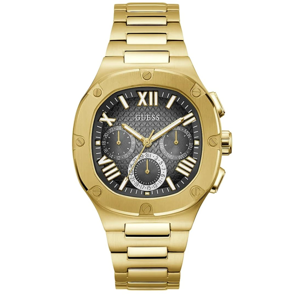 GUESS Men's 42mm Watch - Gold Tone Strap Black Dial Gold Tone Case