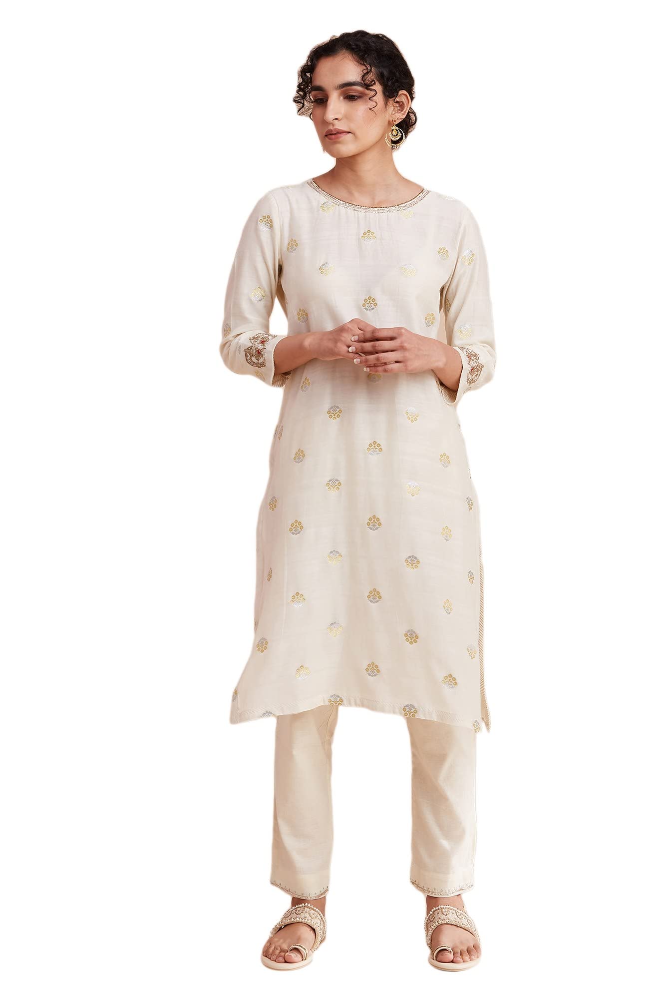 W For Woman Folksong By W Round Neck Kurta Y/D 42 L 3/4Th Slv White