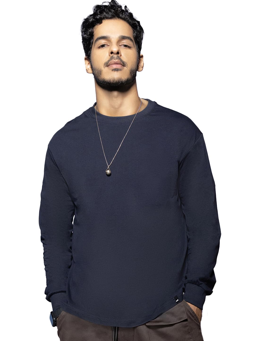 Bewakoof Mens Cotton Solid T-Shirt- Oversized Fit, Round Neck, Full Sleeves 560617_Blue_Small