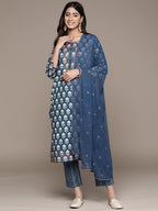 Anubhutee Women'S Cotton Blue Gota Patti Floral Printed Straight Kurta Suit Set With Pants And Dupatta