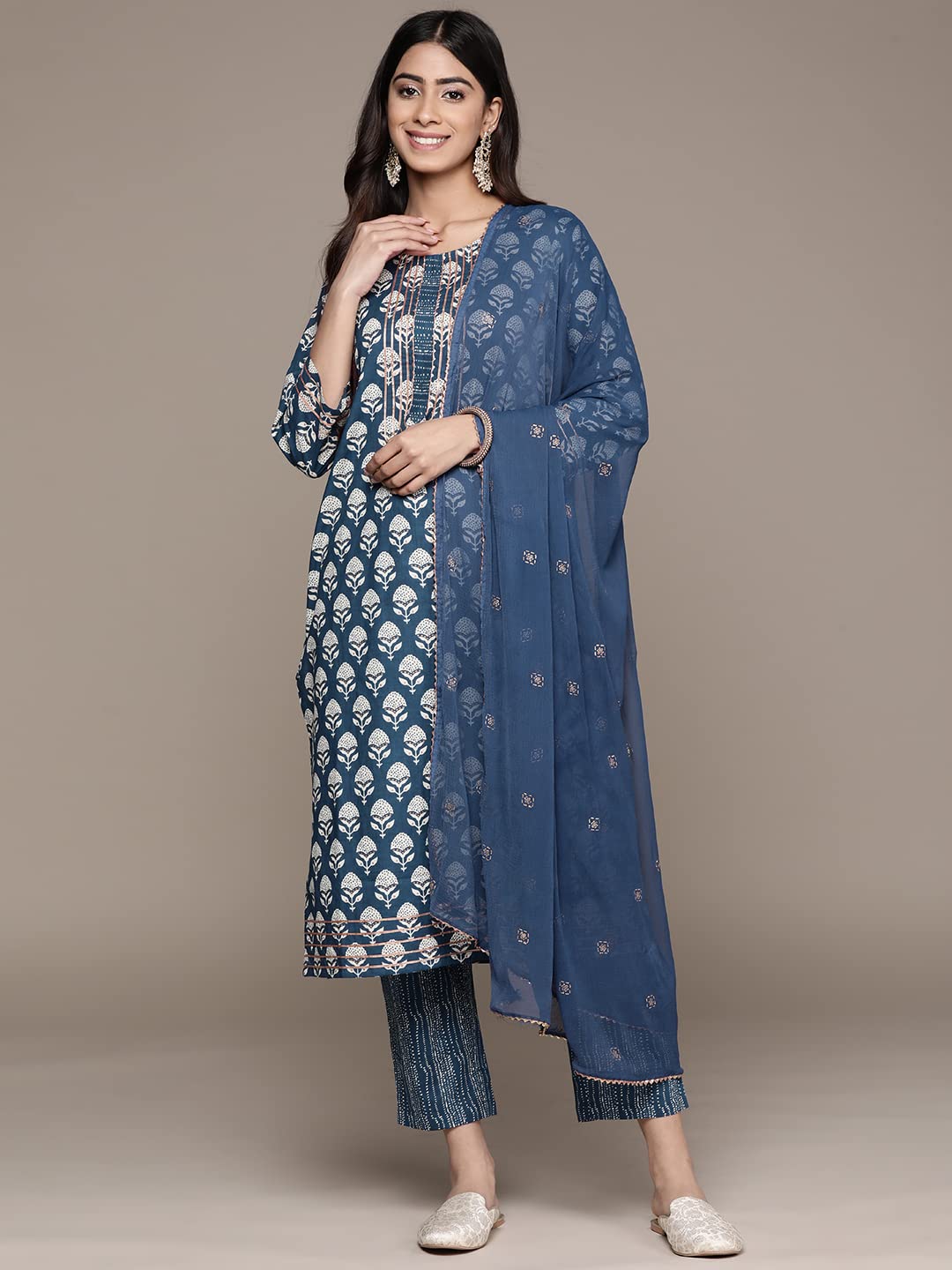Anubhutee Women'S Cotton Blue Gota Patti Floral Printed Straight Kurta Suit Set With Pants And Dupatta