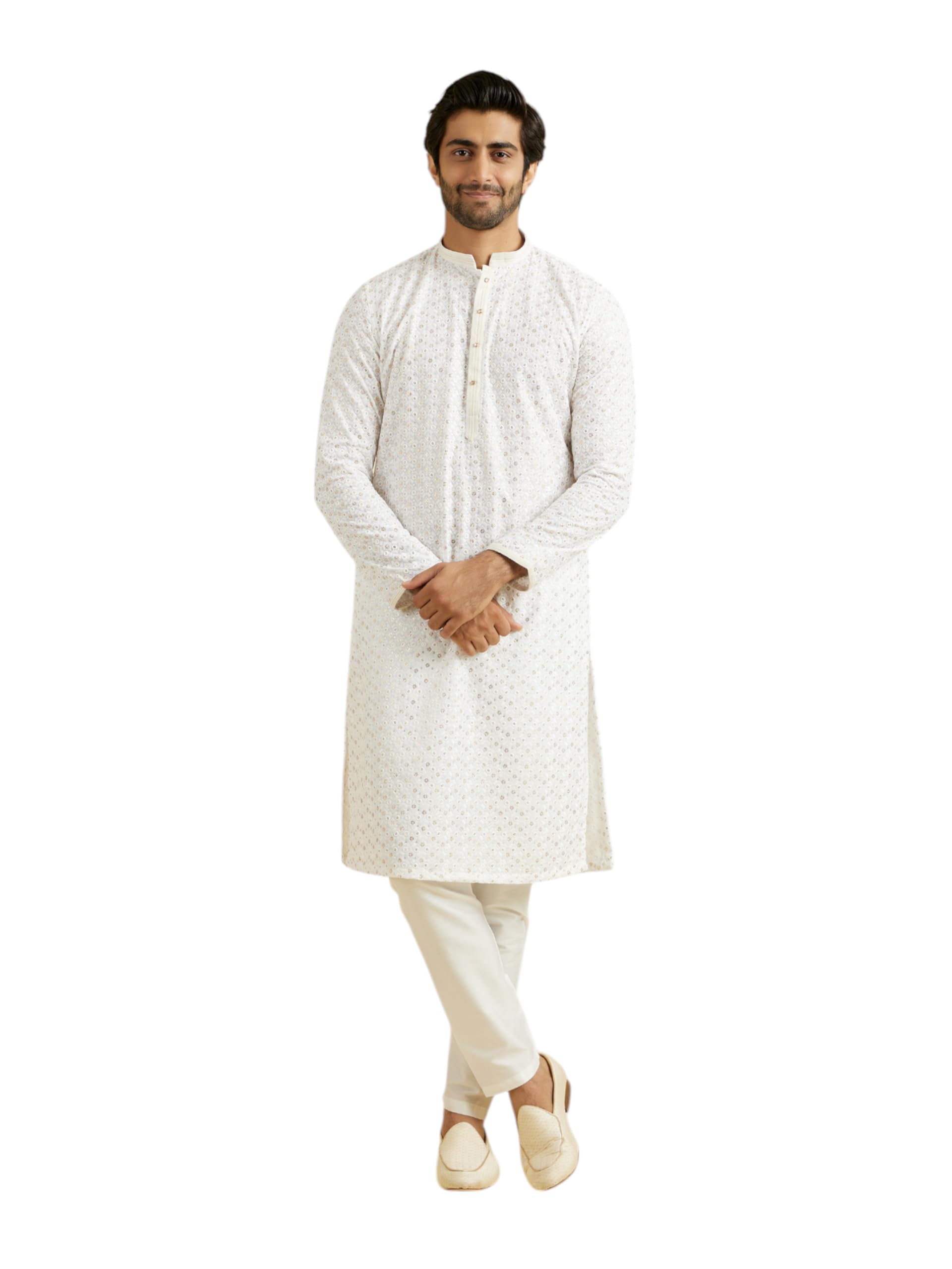 Manyavar Mens Cotton Blend Embroidery|Sequin Work Kurta Pyjama Set (White,XL)