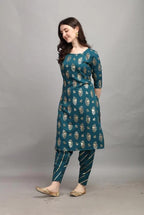 Gufrina WomenS Rayon Straight Kurta & Dhoti Pant With Round Neck 3/4Th Sleeves Solid Pattern Calf Length A Line Style And Regul