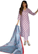 Yashika Latest Women Printed Cotton Blend Straight Kurta Pant with Dupatta, red, XXL