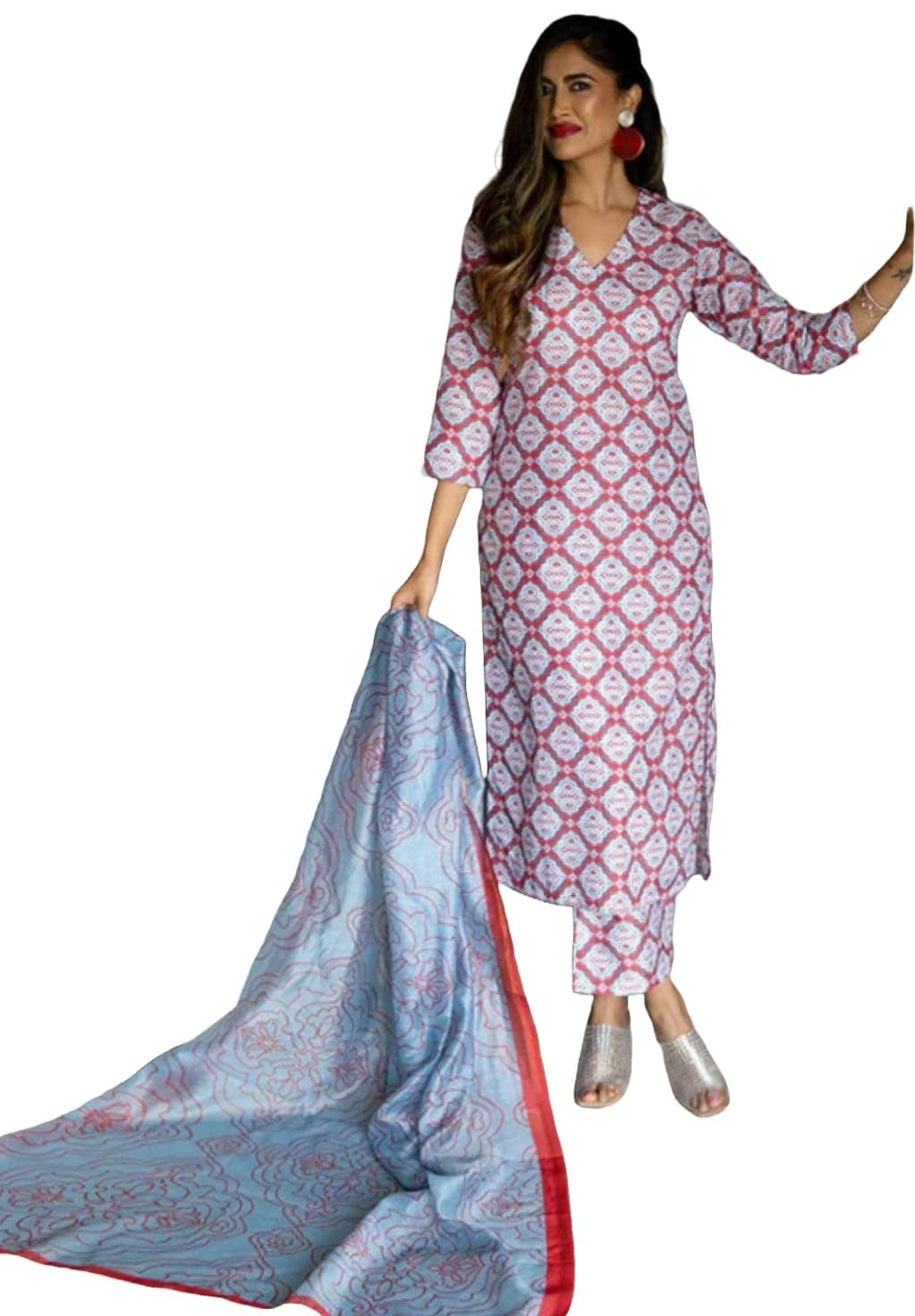 Yashika Latest Women Printed Cotton Blend Straight Kurta Pant with Dupatta, red, XXL