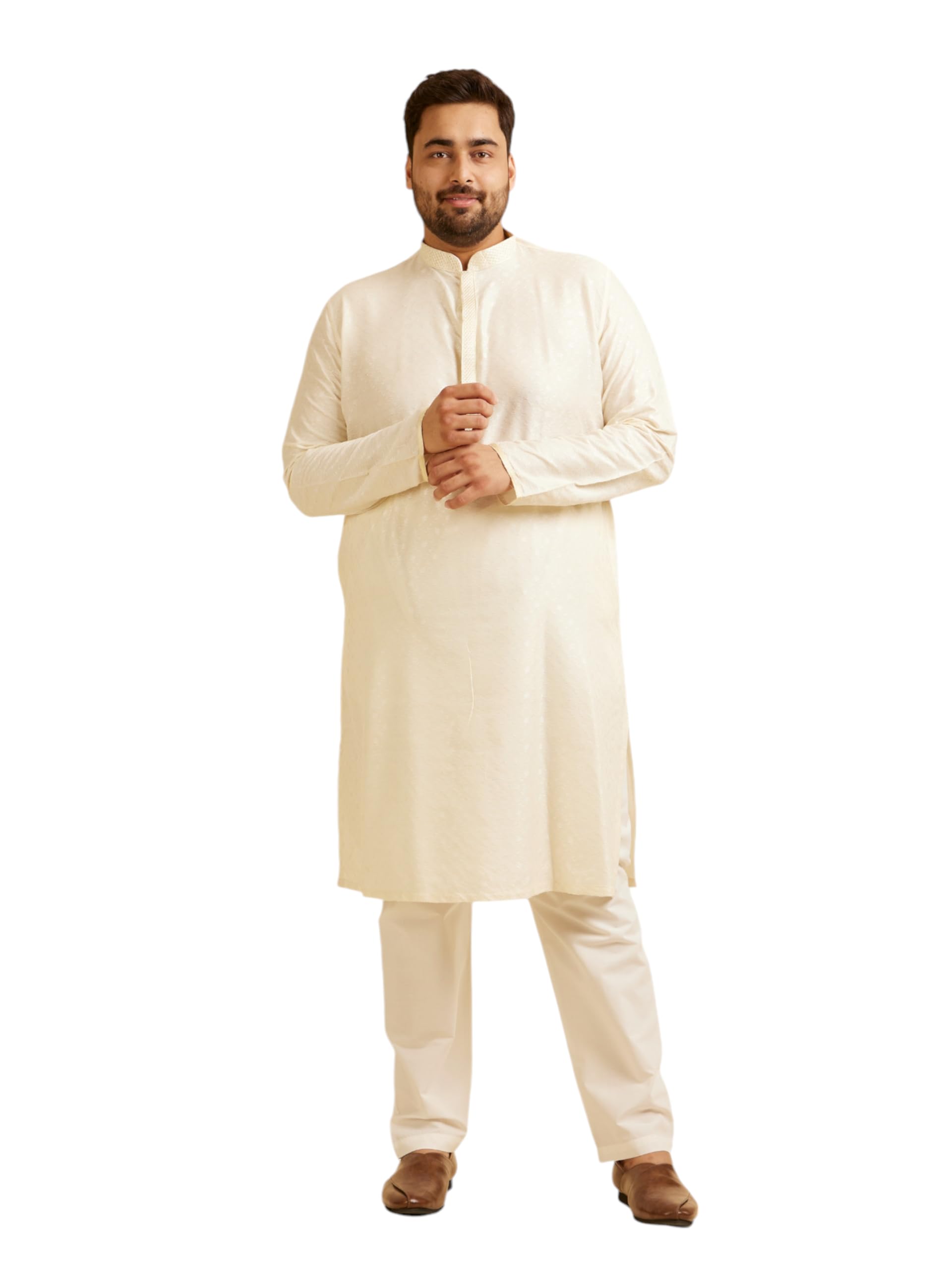 Manyavar MenS Art Silk Self-Design Kurta Churidar Set (Warm White,04Xl)