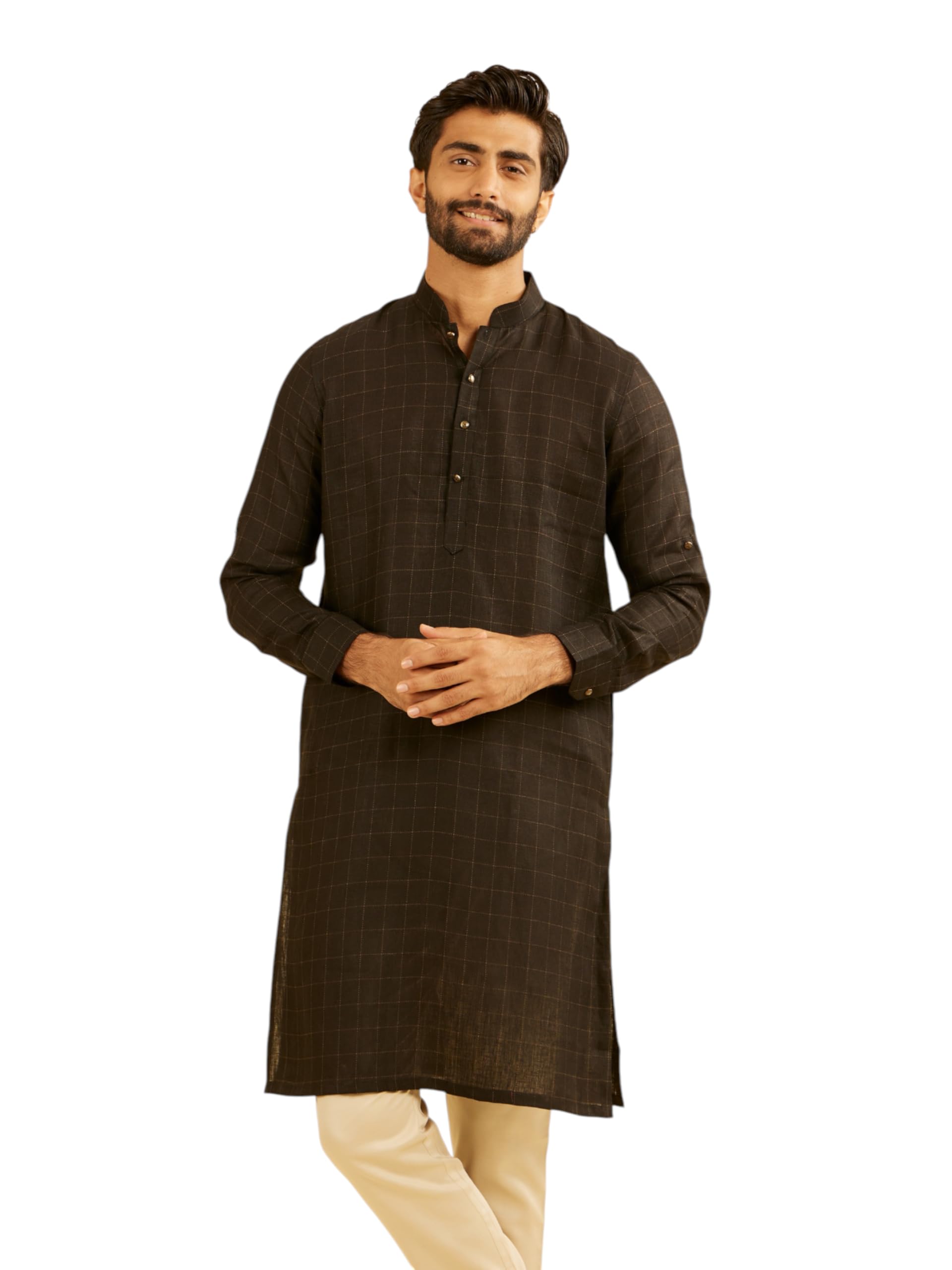 Manyavar Mens Linen Square Grid Printed Kurta (Black,XL)