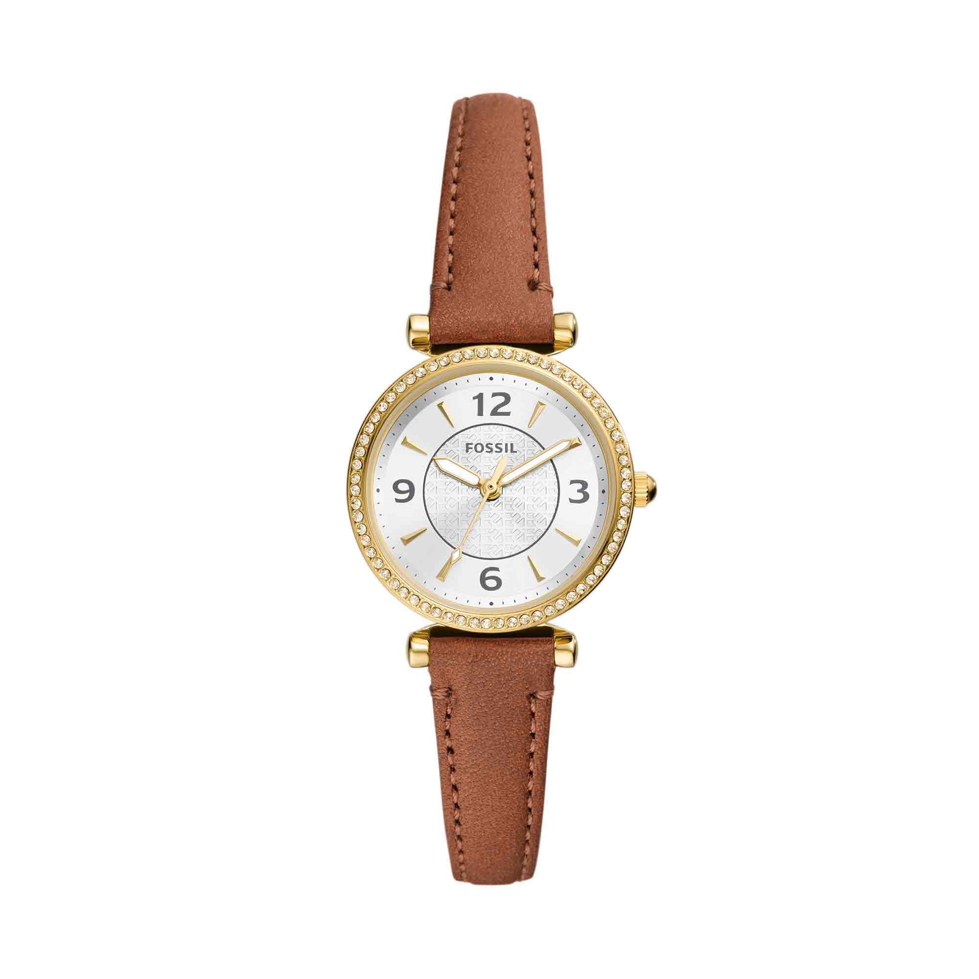 Fossil Women's Carlie Mini Quartz Stainless Steel and Leather Three-Hand Watch, Color: Gold, Brown (Model: ES5297)