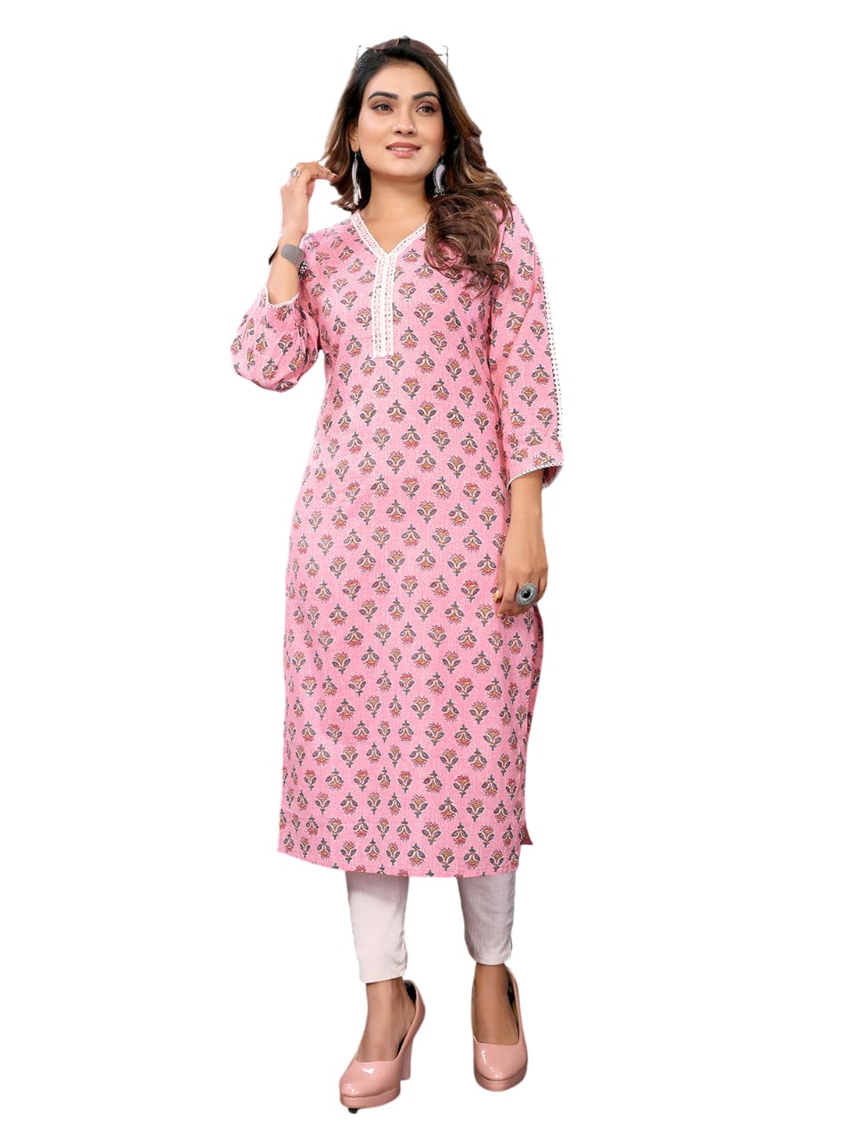 Rangita Pink Cotton Calf Length Embroidered Straight Kurti | Kurta For Women_Xl