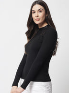 POPWINGS Women Casual Black Ribbed Net Top for Women || Turtle Neck Net Fabric Top for Women || Full Sleeves Tops for Women || L