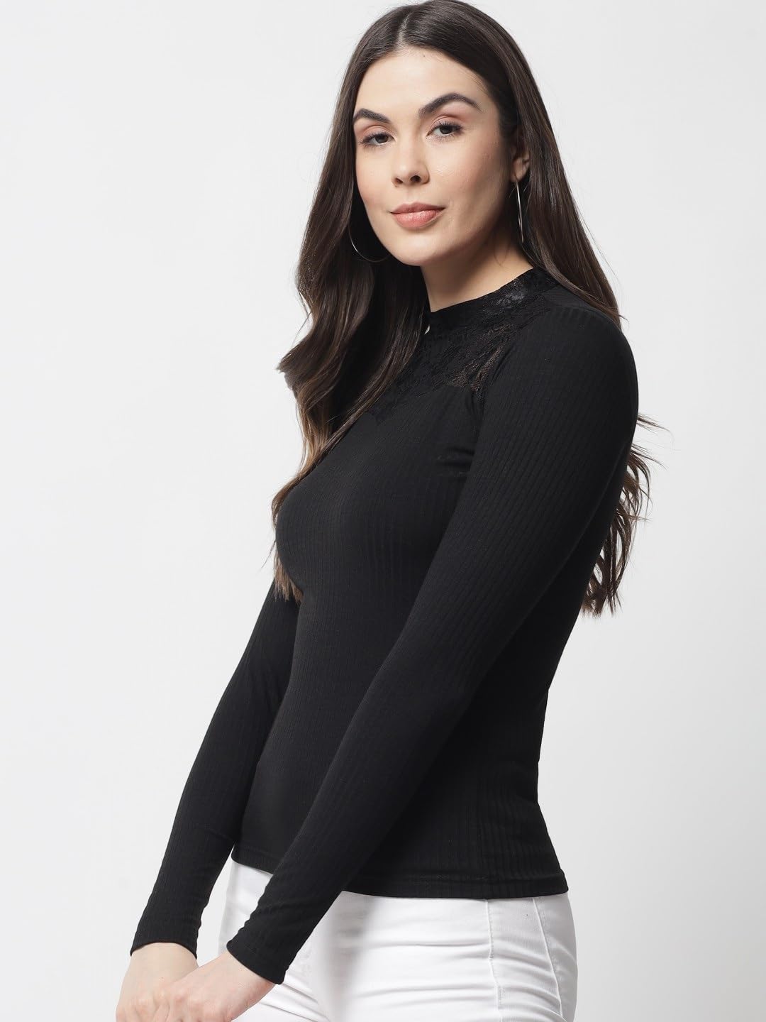 POPWINGS Women Casual Black Ribbed Net Top for Women || Turtle Neck Net Fabric Top for Women || Full Sleeves Tops for Women || L