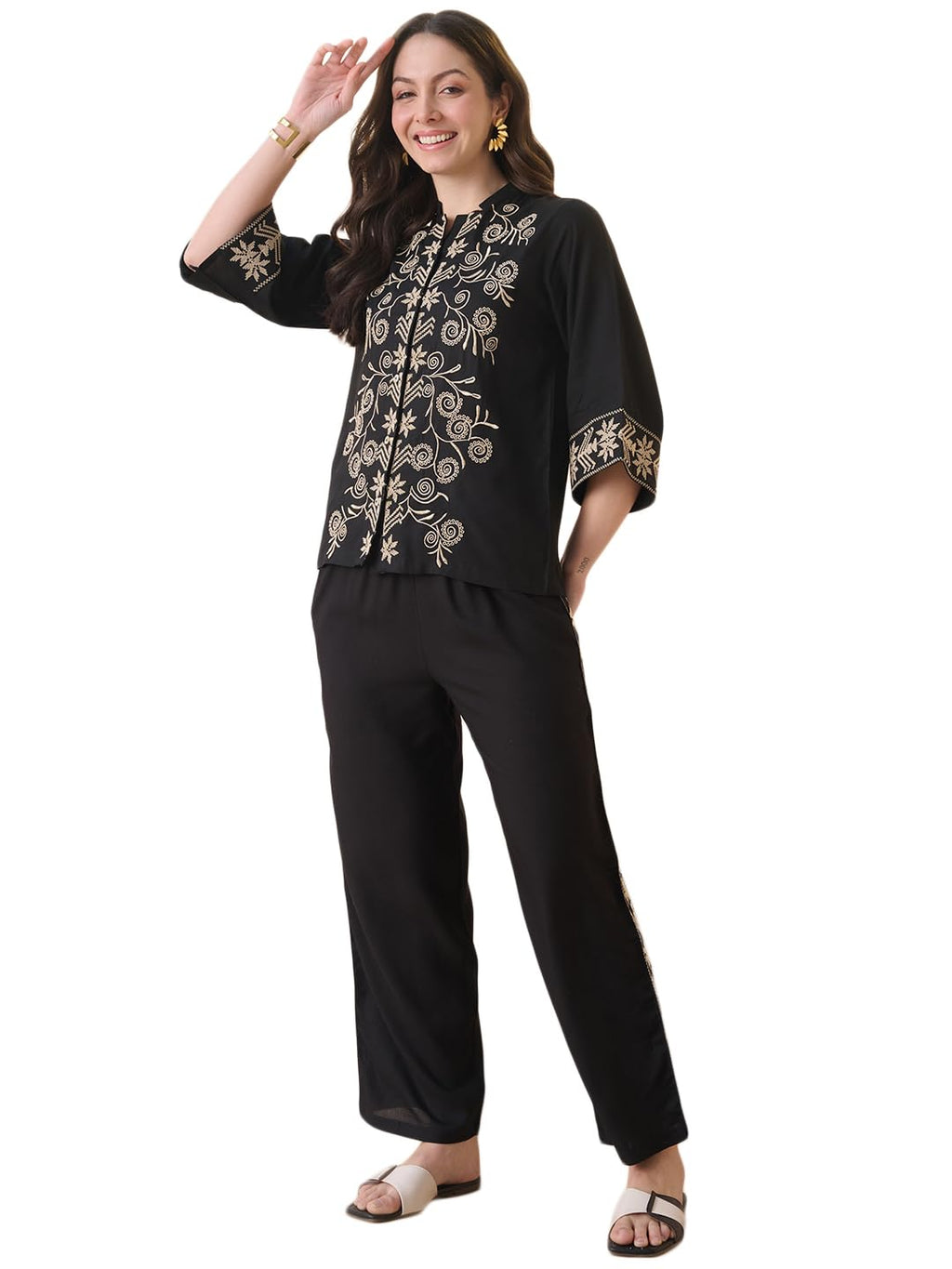 Stylum Womens Solid & Embroidered Rayon Kurti Pant Set