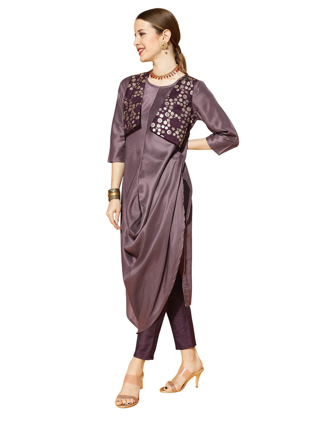 Ziyaa Women'S Purple Chinon Flared Kurta And Pant Set(Zikuch3729Andpa)