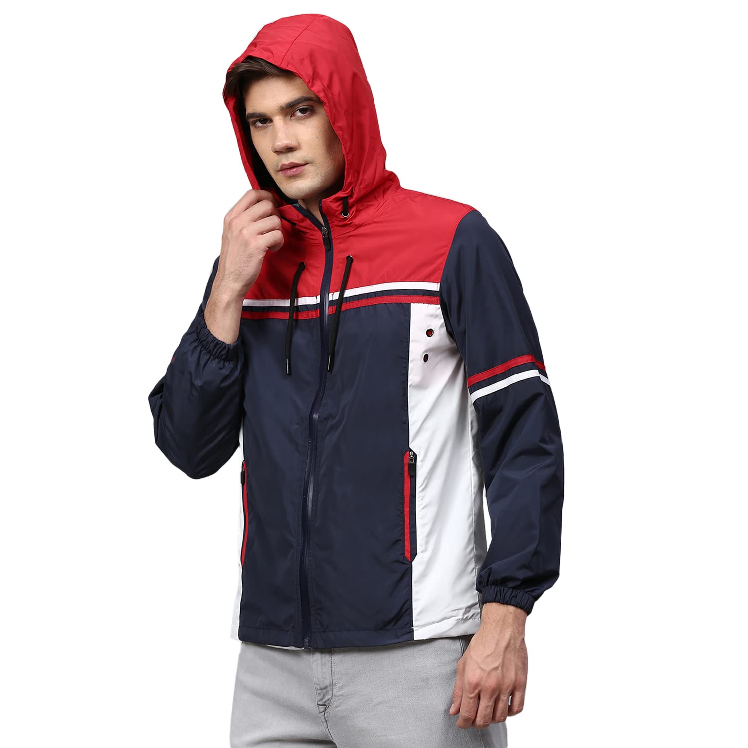 Campus Sutra Men Blue Colourblocked Windcheater Padded Hooded Jacket