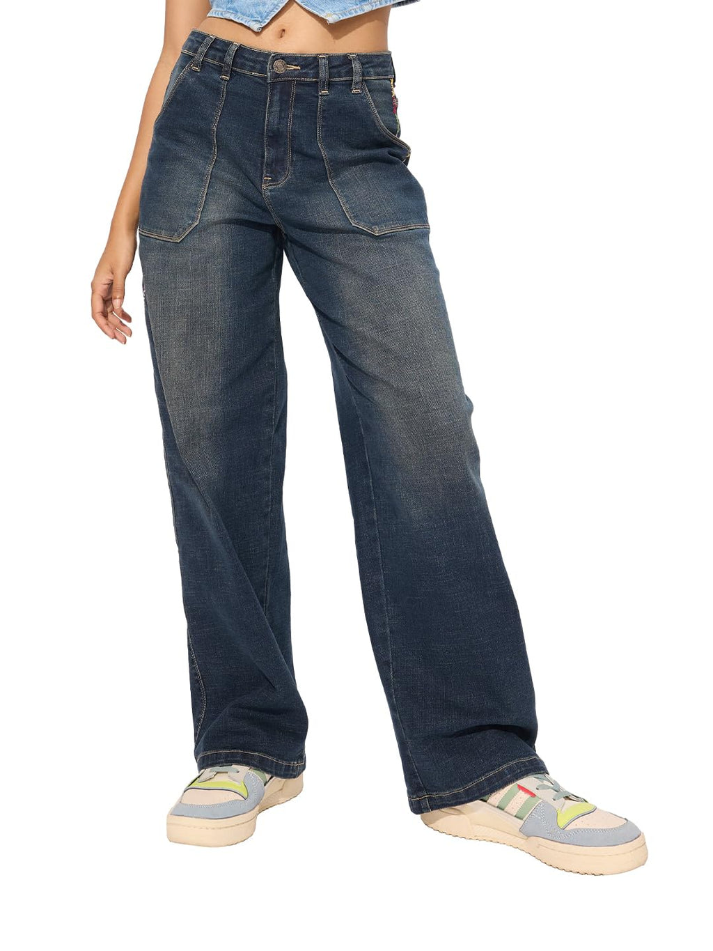 The Souled Store Denim: Vintage Blue Women and Girls Buttoned Cotton Blend Baggy Fit Jeans