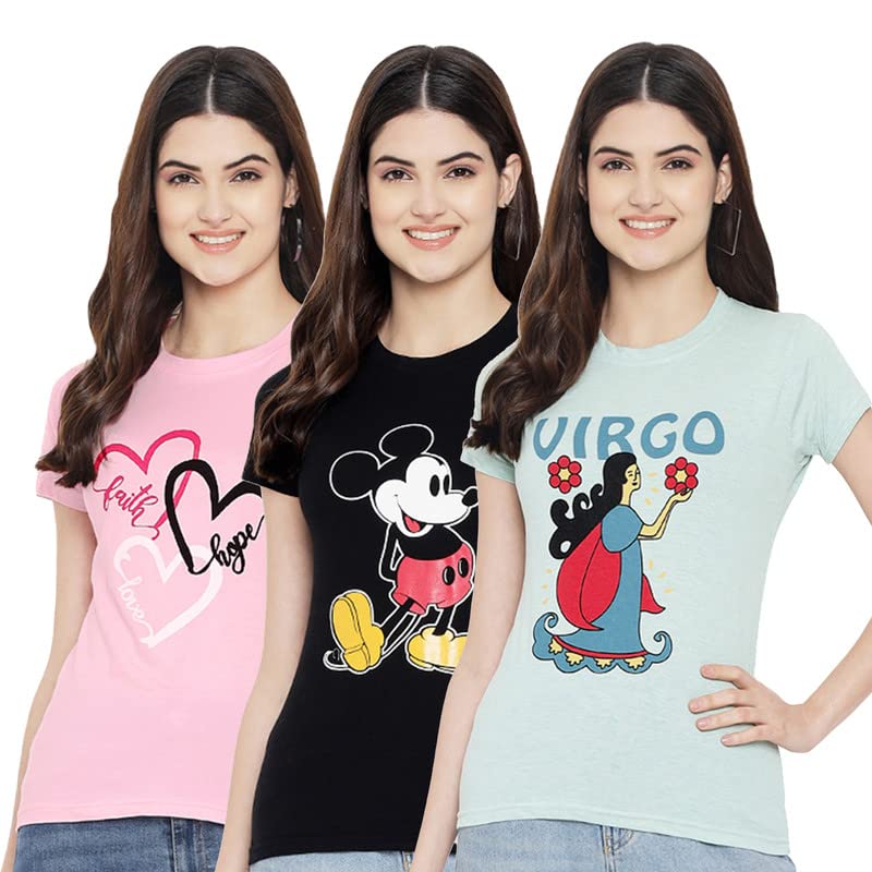 Preneum Womens Cotton Regular Fit Latest Graphic Stylish Printed Short Sleeves Casual T-Shirt || Trend & Style (Pack 3), Pink &