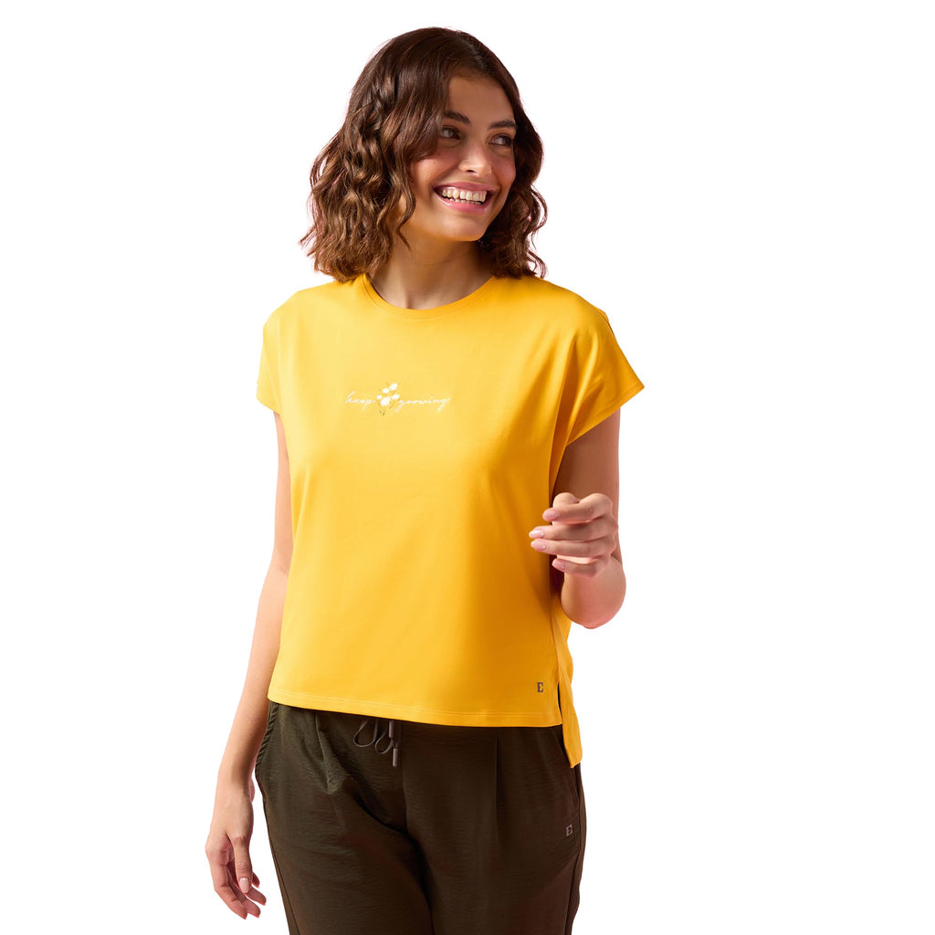 Enamor Womens Solid Relaxed Fit T-Shirt (E3G7_Saffron Keep Growing