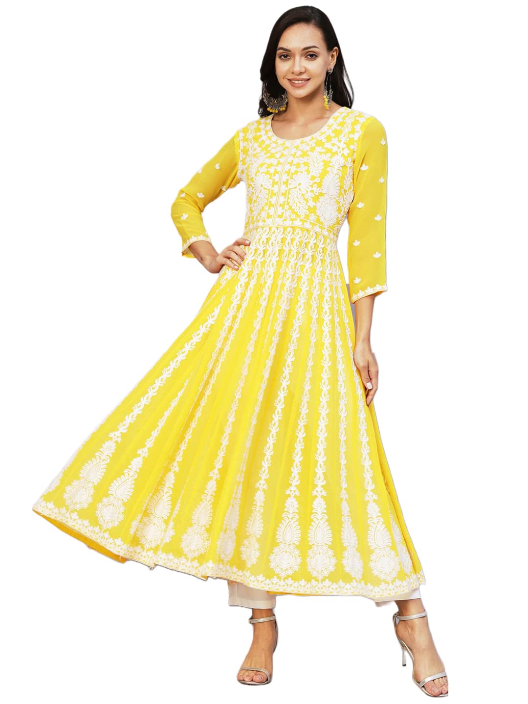 ANNI DESIGNER Womens Georgette Chikankari Embroidered Anarkali Kurti (Kari Yellow_S_Yellow_Small)