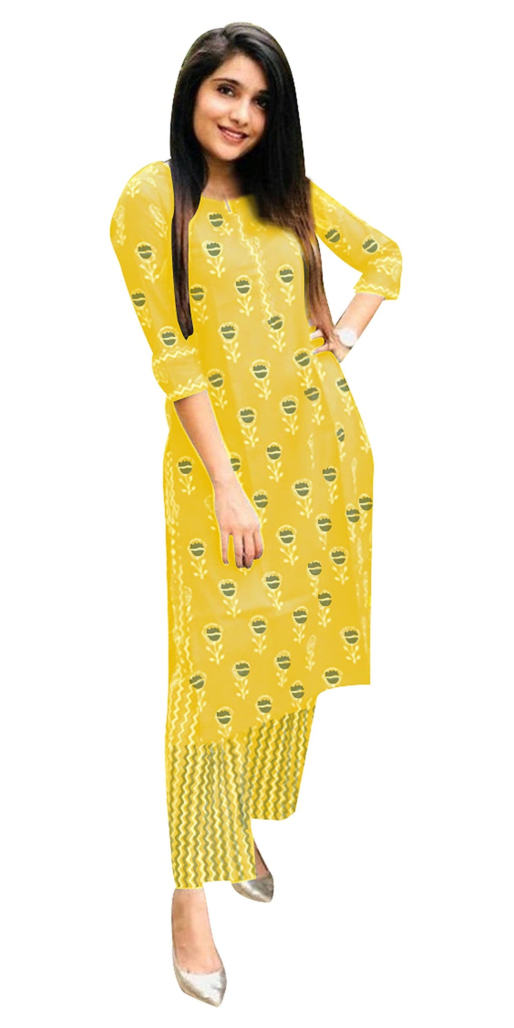 ANNI DESIGNER Women's Cotton Blend Flower Print Kurta with Palazzo (Yellow Flower_M_Yellow_Medium)