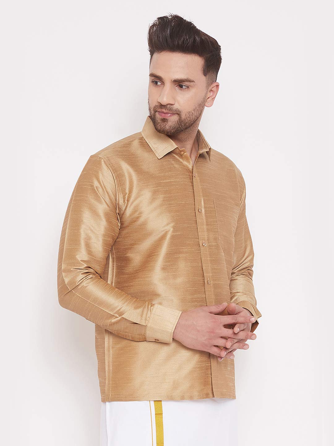 VASTRAMAY Mens Rose Gold Ethnic Silk Blend Shirt Full Sleeves  South Indian Shirt in Rose Gold, For Casual, Formal, Wedding & F