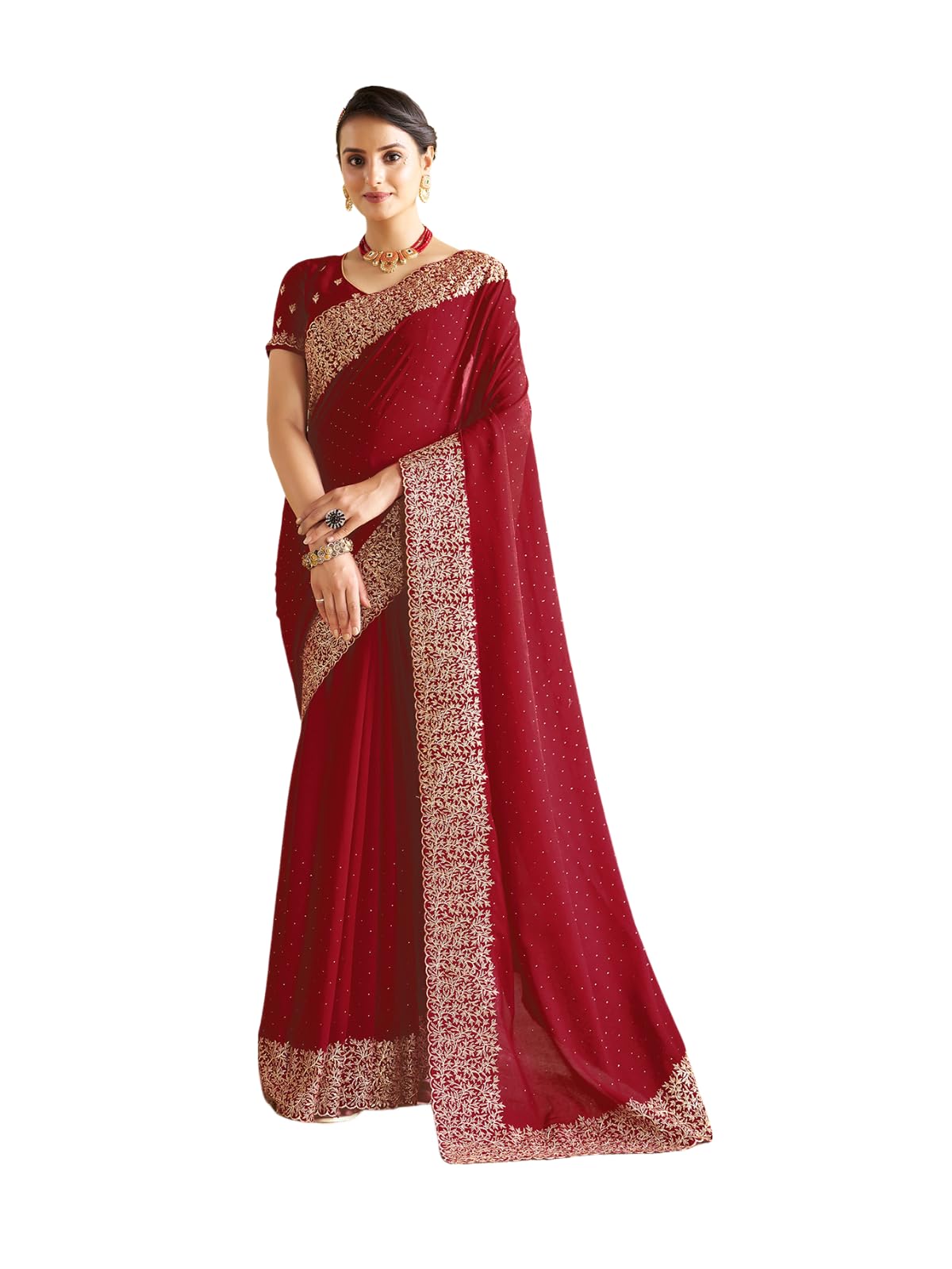 Satrani Womens Vichitra Silk Hot Fixing Embroidery Border Saree with Unstitched Blouse Piece (3614S152N_Red)