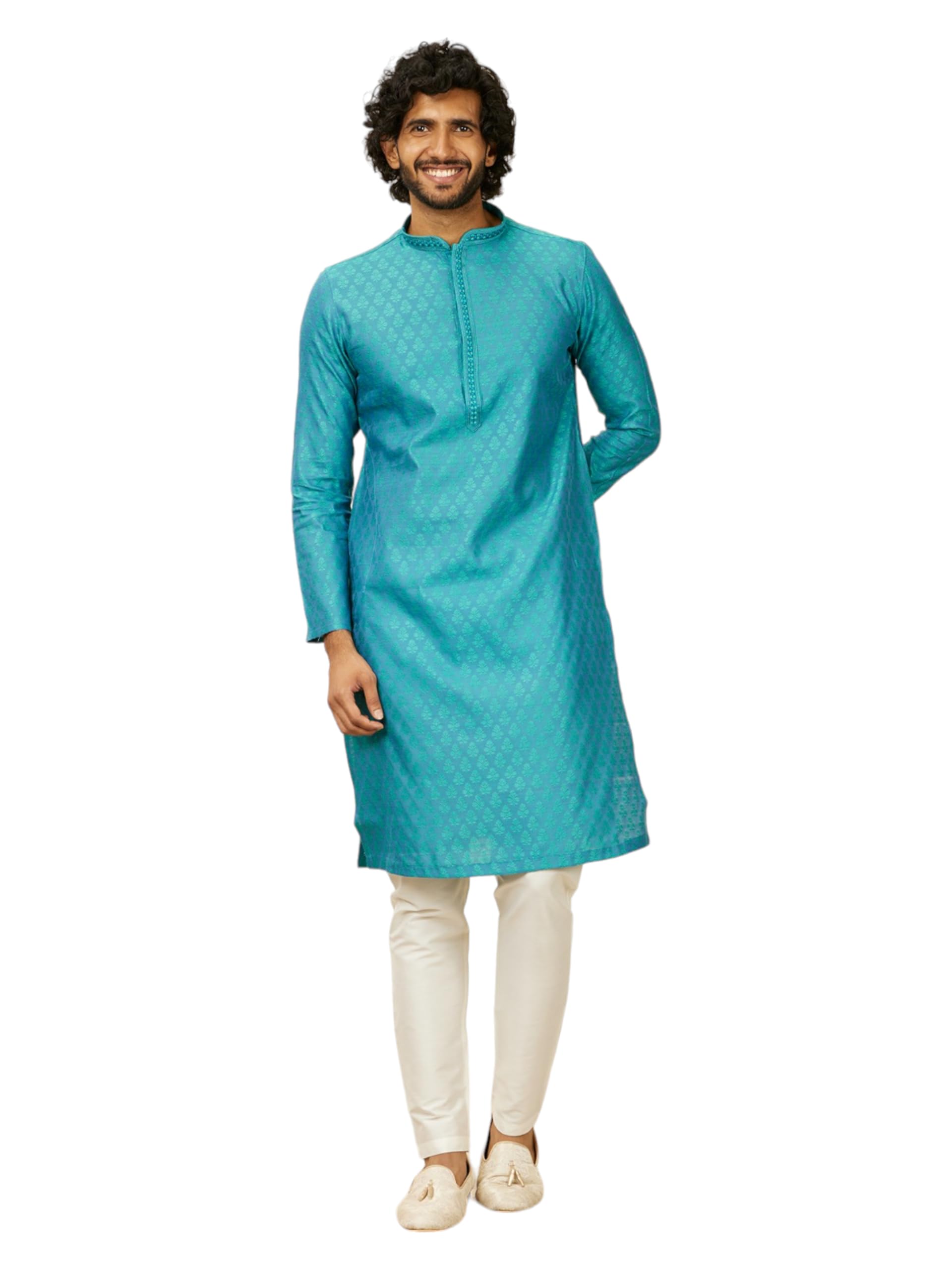 Manyavar Turquoise Blue Blended Viscose Embroidery|Stone Work Kurta Pyjama Set For Men