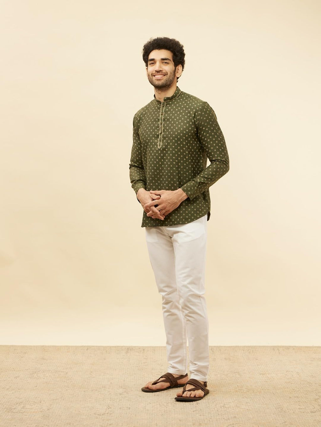 Manyavar Mens Green Blended Viscose Printed Short Kurtas