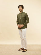 Manyavar Mens Green Blended Viscose Printed Short Kurtas